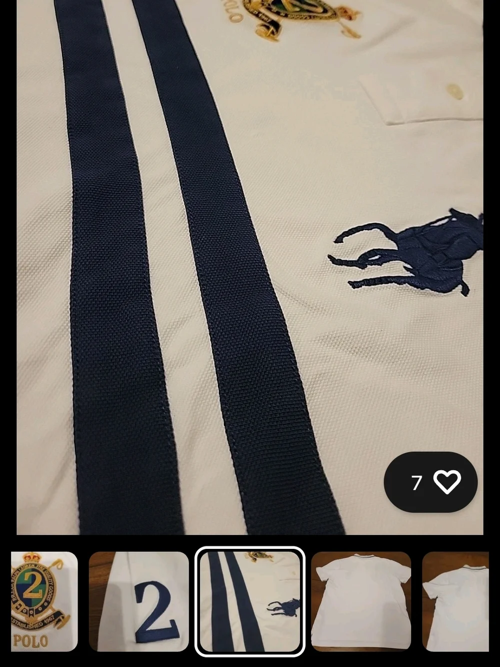 Ralph Lauren White Polo Shirt with Navy Stripes & Pony Logo - Picture 8 of 10